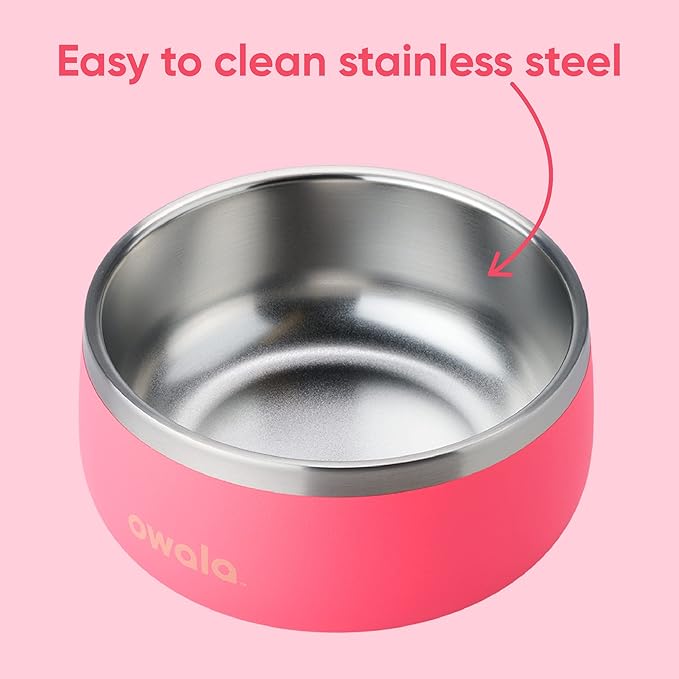 Owala Pet Bowl - Durable Stainless Steel, Food and Water Bowl for Dogs, Cats, and All Pets, Non-Slip Base, 24oz, Pink (Hyper Flamingo)