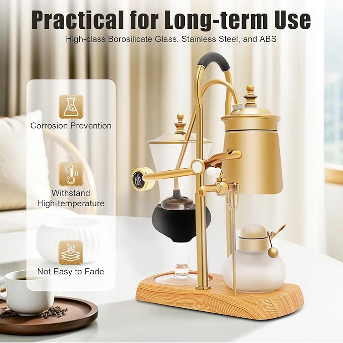PSUFURV Balance Siphon Coffee Maker, Gravity Coffee Maker with Handle 13.53oz Capacity Retro Coffees Makers for Shallow, Medium, And Deep Roasted Coffees Beans (Golden)