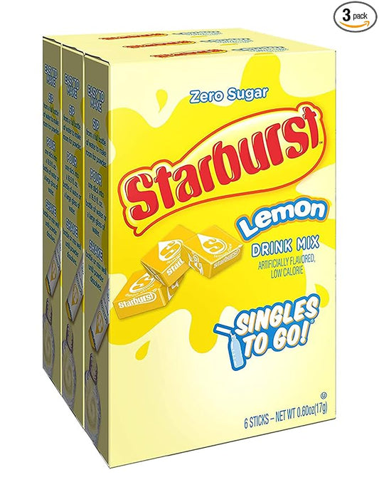 Starburst Singles To Go Powdered Drink Mix, Lemon, 3 Boxes with 6 Packets Each - 18 Total Servings, Sugar-Free Drink Powder, Just Add Water, 6 count (Pack of 3)