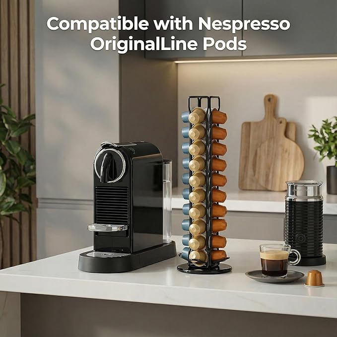 Coffee Pod Holder for Nespresso OriginalLine Capsules, Rotating Carousel Coffee Pods Holder Coffee Station Organizer Countertop Storage Rack -Black/40 Pods Capacity