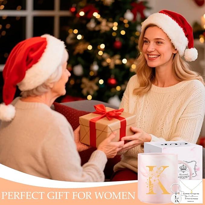 Monogrammed Valentine Day Gifts for Women, 11 oz Initial Ceramic Coffee Tea Mug with Necklace, Unique Mohters Day Birthday Gift for Her Wife Teacher Friend Mom, K