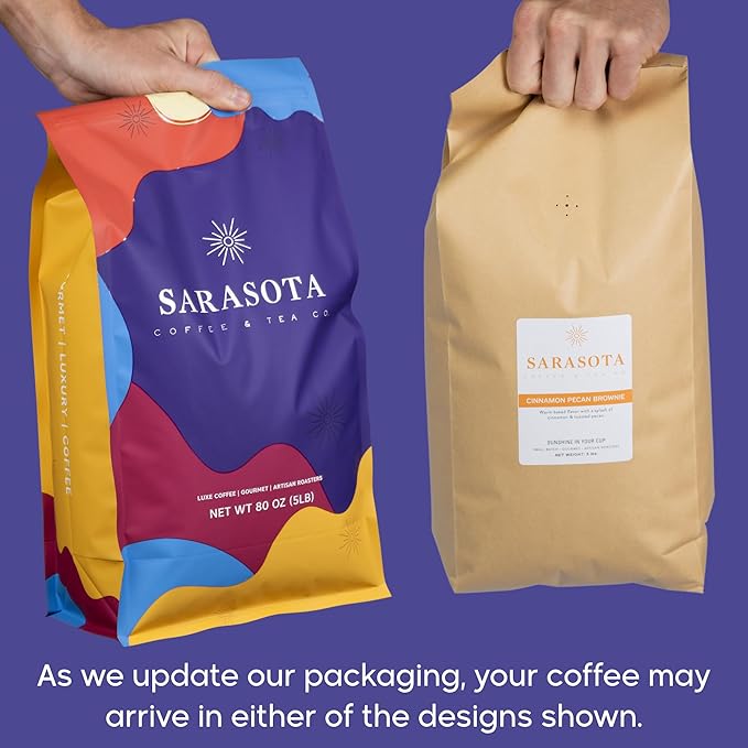 Sarasota Coffee Ground Cinnamon Pecan Brownie | Medium Roast Gourmet Flavored Coffee Grounds | Low Acid, Mold Free, Specialty Grade Flavored Bulk Ground Coffee | 5lb (80 oz)
