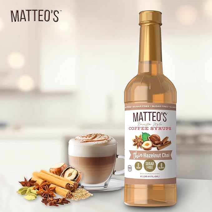 Matteo's Hazelnut Chai Syrup for Coffee, Lattes, Cappuccinos & Desserts – Sugar-Free Sweetener for Beverages, Keto Friendly, Zero Calories, Indulgent Flavor, Non-Alcoholic, 33.8oz (6pk)