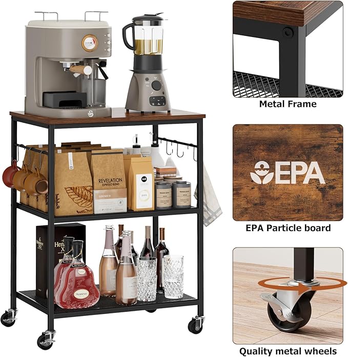 3-Tier Rolling Kitchen Microwave Cart, Kitchen Utility Cart on Lockable Wheels, Coffee Bar Table Station with 6 S-Shaped Hooks, Small Appliance Storage Shelf, Rustic Brown and Black