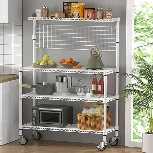 Leteuke 42 Inch Bakers Rack with Wheels, 4-Tier Microwave Stand Kitchen Cart, Heavy Duty Utility Kitchen Cart, Microwave Cart Storage Rack with 20 S-Hooks & Shelf Liners, 42× 18× 63 Inch, White