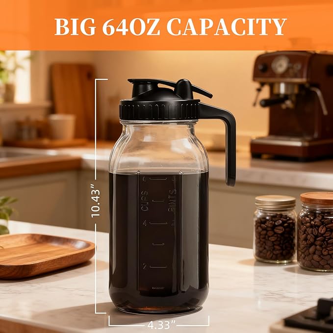 64oz Wide Mouth Mason Jar Pitcher with Handle & Flip Lid, Heavy Duty Glass Cold Brew Coffee Maker, Airtight Leak-Proof Pitcher for Iced Tea, Juice, Lemonade