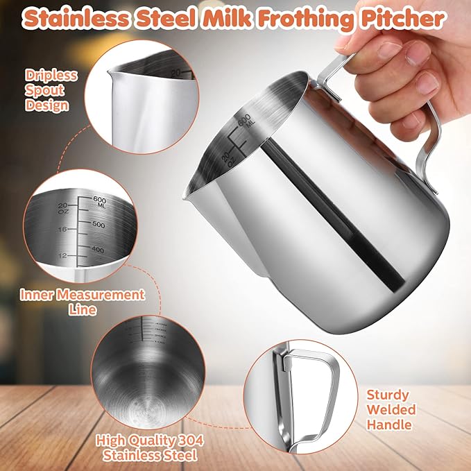 Irenare 2 Pcs Milk Frothing Pitcher 12 Oz and 20 Oz Stainless Steel Milk Frother Cup with 4 Floral Dessert Coffee Spoons 2 Decorating Art Pens Espresso Accessories Set for Kitchen Cafe Bar(Silver)