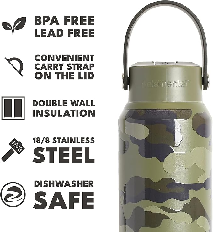 Elemental 40oz Insulated Water Bottle with Straw - 100% Leak-Proof Stainless Steel Core Water Bottles for Travel, Sports and Gym - Double Wall Insulation & BPA Free - Dark Green Camo