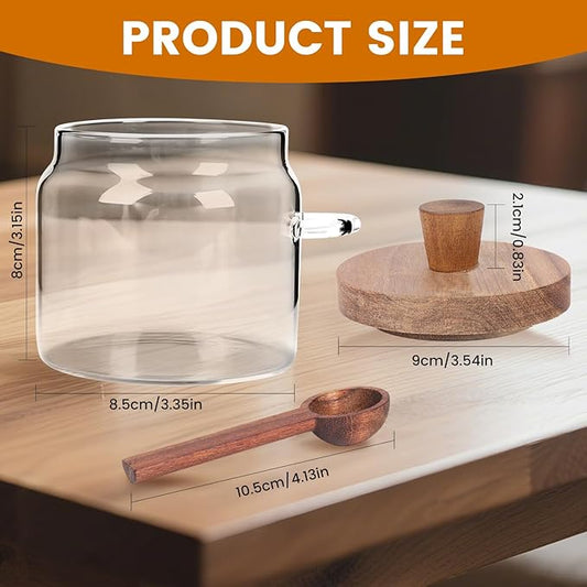 Glass Coffee Bean Storage Container, Wood Lid with Spoon, Airtight Silicone Seal, BPA-Free (400ML/13.53OZ)