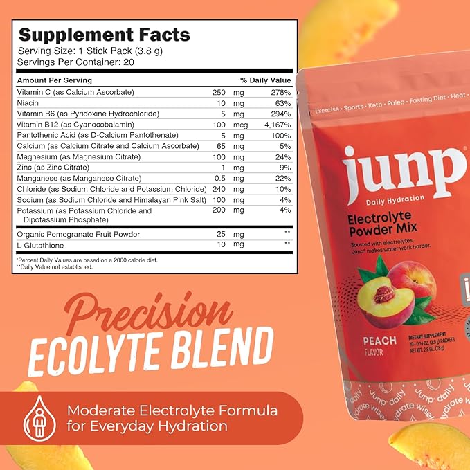 JUNP Sugar Free Electrolytes Powder Packets for Water Instant Hydration Packets with Salt & Potassium, Zero Calorie, No Carbs No Sugar Electrolyte Drink Mix Sticks, Keto Friendly, Juicy Peach 20 Pack