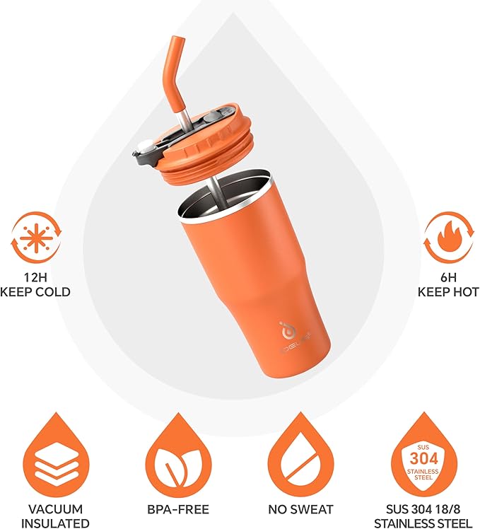 Ideus Insulated Tumbler with Lid and Straw 18 oz, Stainless Steel Double-Wall Vacuum Leak-Proof Travel Coffee Mug, Cup Holder Friendly, Orange Tiger