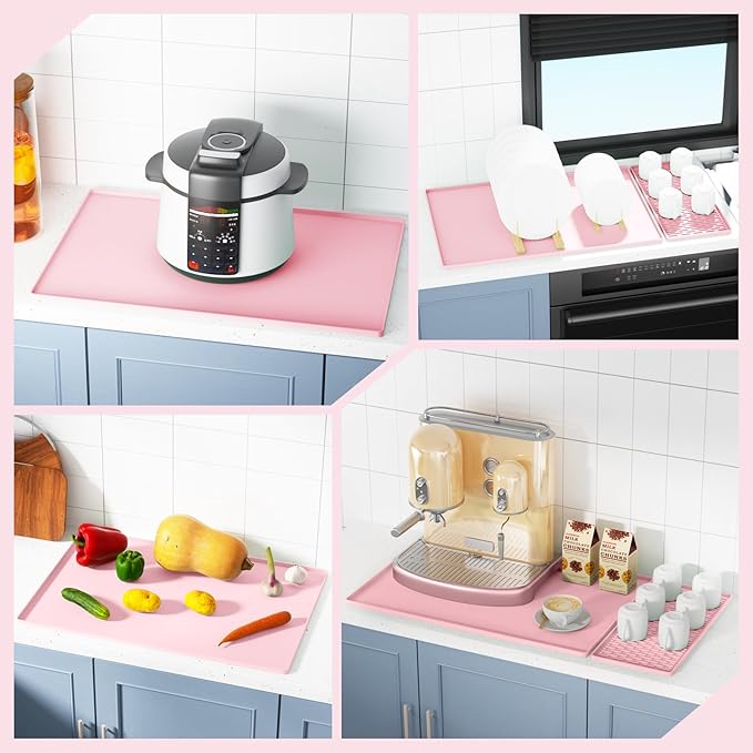 Silicone Coffee Mat Set - Includes Removable Drying Pad, Raised Edges for Non-Leak and Non-Slip, Suitable for Kitchen Coffee Machines and Countertop Protection, Bar Decor Pad (Pink, 24" x 16")