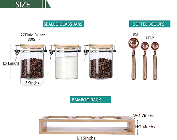 Airtight Glass Tea Containers with Bamboo Lids & Spoons (27oz) - Ultimate Storage Canisters for Loose Leaf Tea to Preserve Freshness & Flavor - Elegant Tea Caddy Jars for Kitchen & Pantry - Set of 3