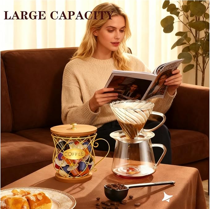 Coffee Pod Holder with Lid -Coffee Creamer Holder Large Capacity Holder for k Holder Organizer for Counter - Coffee Decor Station for Pods, Espresso, Capsules, Creamer, (Gold-HH)