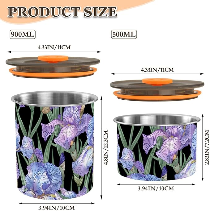 ALAZA Purple Iris Flowers Floral Airtight Coffee Bean Canister 900ml Food Storage Containers with Lids For Gournd, Tea, Sugar, Flour, Rice, Cereal, Candy Cookie Jar