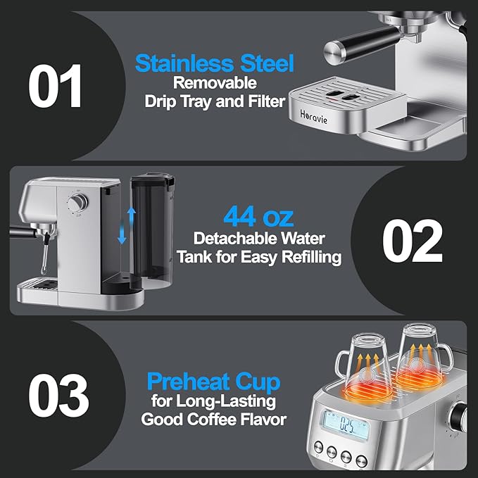 Espresso Machine 20 Bar, Compact Espresso Maker with Milk Frother, Stainless Steel Cappuccino & Latte Machine with LCD Screen, Adjustable Temperature, 44oz Water Tank for Home, Office