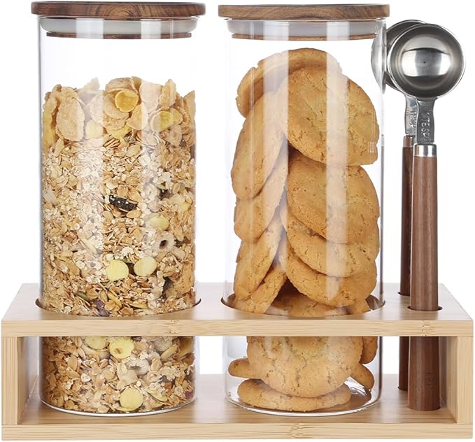 KKC HOME ACCENTS Clear Glass Food Storage Canisters with Airtight Wooden Lids and Scoops,Air Tight Sealed Glass Canisters with Spoons for Ground Coffee and Beans,Loose Tea,Flour,Sugar,47 Fl oz