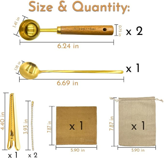 Gold Coffee Scoop with Wooden Handle, 1 Tablespoon / 15 ml, 304 Stainless Steel Measuring Spoon for Ground Coffee, Espresso, Tea, Protein Powder, Spices (6 Pack)