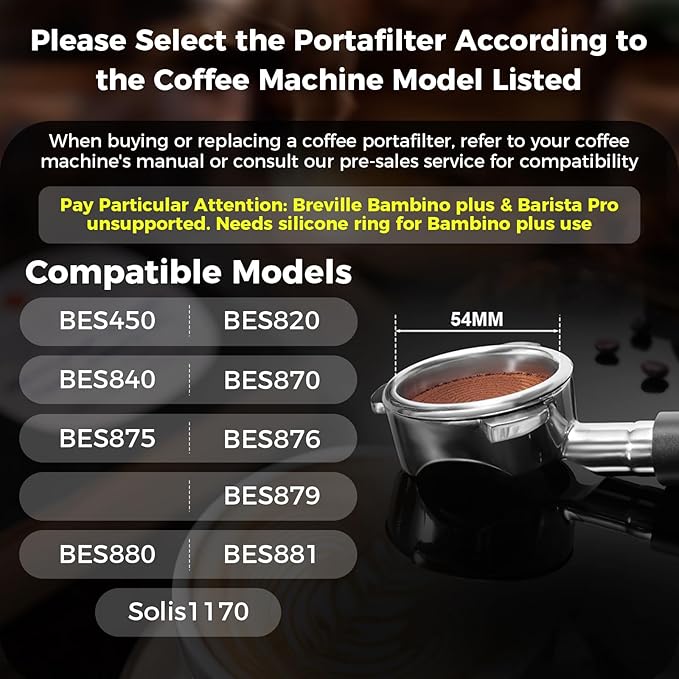 IKAPE Espresso 54mm Portafilter, Coffee Portafilter with Silicone Handle, Fits 54mm Breville Barista Series BES870/878/880 Machine & Solis Barista Machines, with 16g Capacity Filter Basket