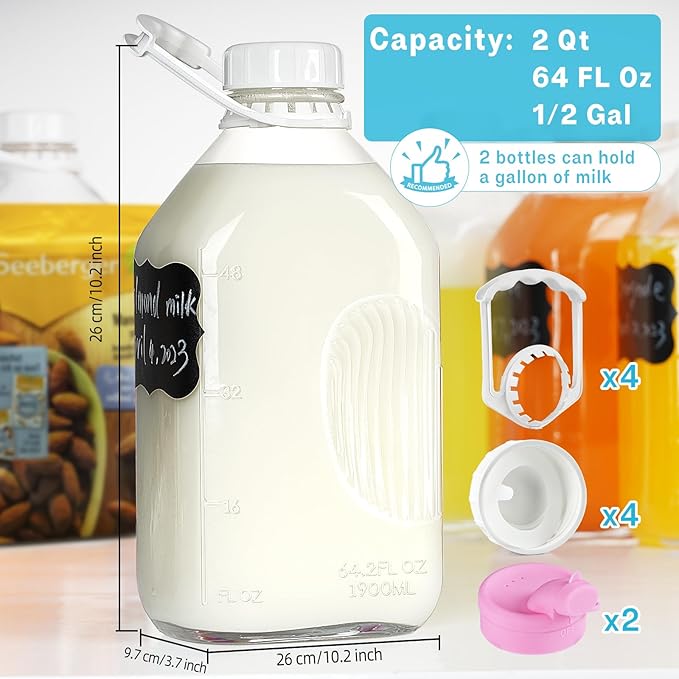 2 Pack 1/2 Gallon Glass Milk Bottles with Airtight Screw Lid & Handle & 2 Spouts - Heavy Duty Glass Water Bottles - Breastmilk Jug Pitcher with Scale Lines, Milk Container for Refrigerator Storage