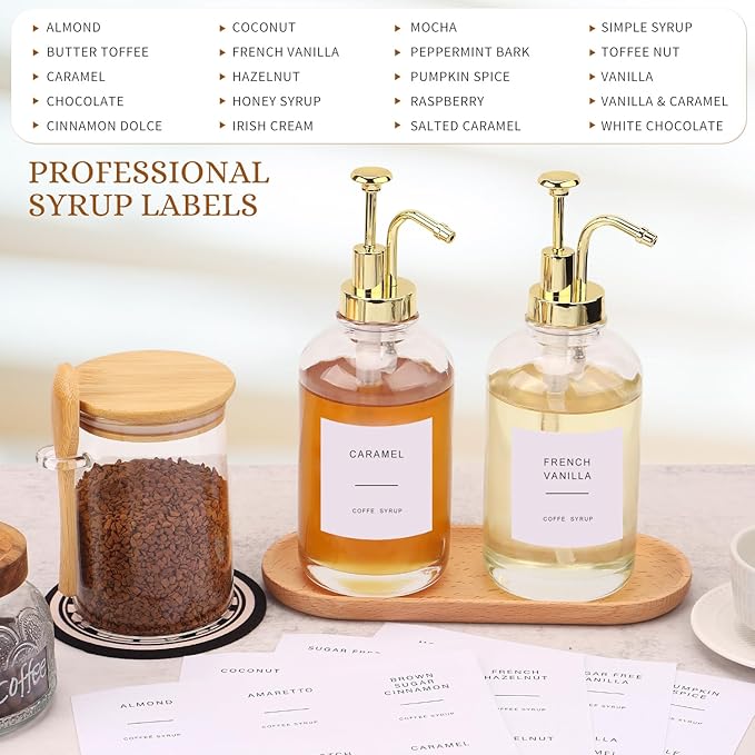 Coffee Bar Accessories, Coffee Syrup Dispenser-2 Pcs16.9 oz, Syrup Pump Dispenser for Coffee Bar, with Glass Bamboo Lid Jar with Spoon, Gold Pump Syrup Dispenser with Labels