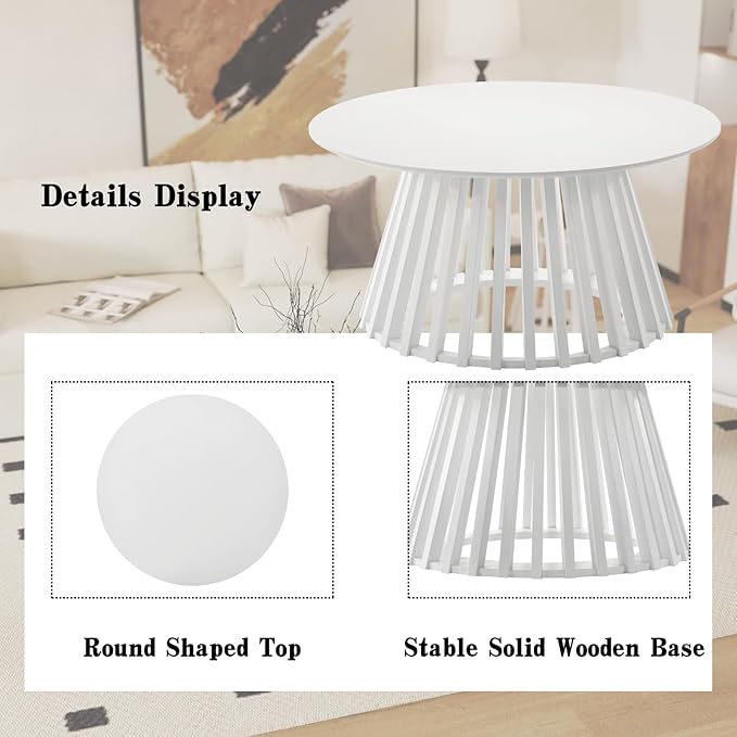 DUOMAY Modern Solid Wood Round Coffee Table with Geometric Base, Sturdy Wood Center Table for Living Room, Lounge, Office, White Color