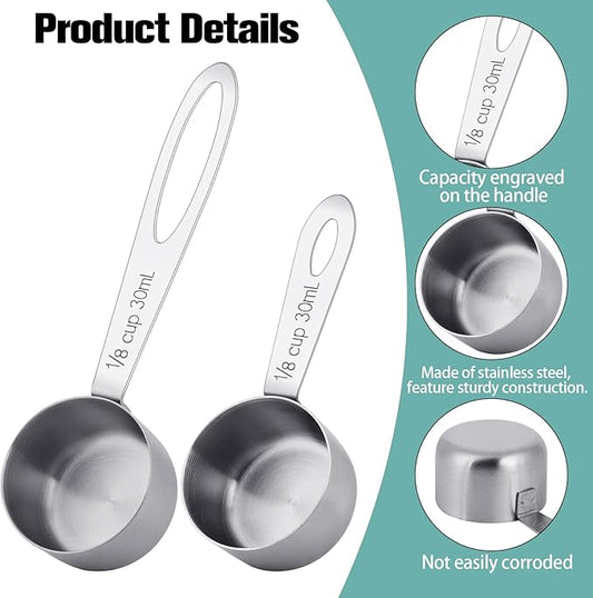 4Pcs 1/8 Cup Measuring Cup, 30ml Scoop, Stainless Steel Measuring Cups, Coffee Scoops, Measuring Scoops Tablespoon Measure Spoon, Short Handle & Long Handle Cooking Measuring Scoop(30ML)