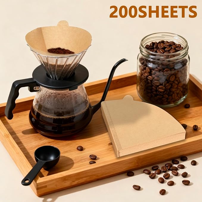 EASTYLIF Disposable Cone Coffee Filters V02-200 Count Unbleached Natural Brown Paper Filters, 2-4 Cup Pour Over & Drip Coffee Makers, Compatible with Conical/V-Shaped Drippers