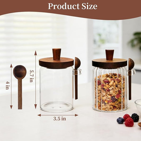Sugar Bowl with Lid and Spoon,20 oz Sugar Container for Coffee Bar, Glass Coffee Canister, Airtight Food Storage Jar, Brown Sugar Container, Cereal Tea Salts Spice Jar (Flat)