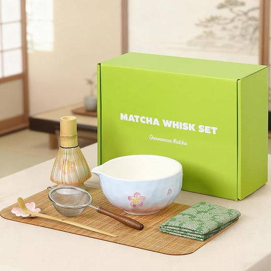Matcha set with tray 8pcs, Japanese Matcha Kit includes Ceramic Matcha Bowl, Bamboo Matcha Whisk (Chasen), Whisk Holder, Macha Scoop(Chashaku), Bamboo Placemat, Sifter, Tea Cloth Chakin，Blue & Pink