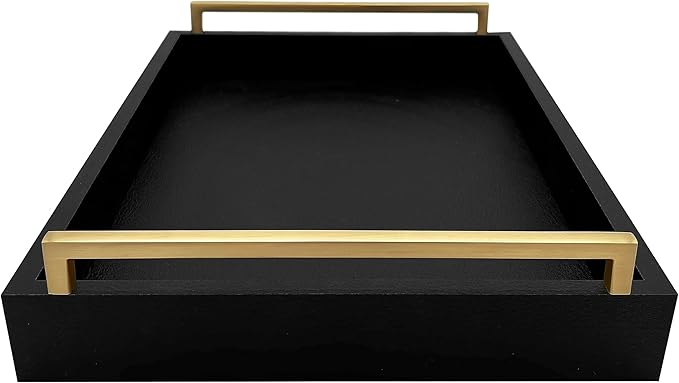 Decorative Coffee Table Tray - Shagreen Faux Leather - Ottoman Tray - Breakfast, Drinks, Liquor Serving Tray - Farmhouse to Modern - Brushed Champagne Gold Handles (Pitch Black)