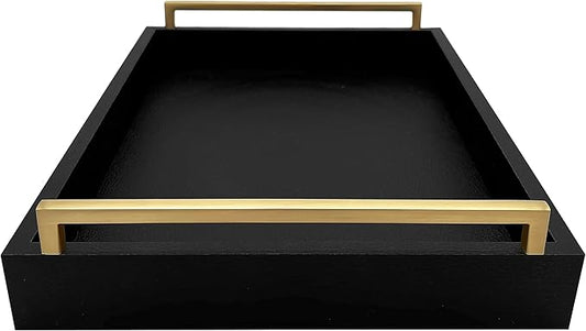 Decorative Coffee Table Tray - Shagreen Faux Leather - Ottoman Tray - Breakfast, Drinks, Liquor Serving Tray - Farmhouse to Modern - Brushed Champagne Gold Handles (Pitch Black)