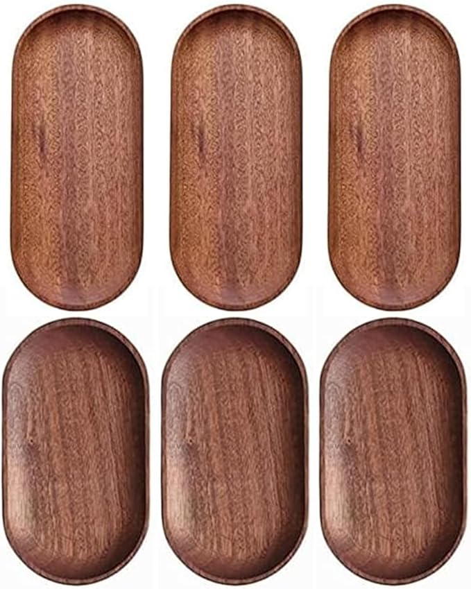6 Pack Solid Wood Serving Platters and Trays of Natural Wood with Edge,Rectangular Avoid Sliding and Spilling Food (Walnut Trays x 6Pack)