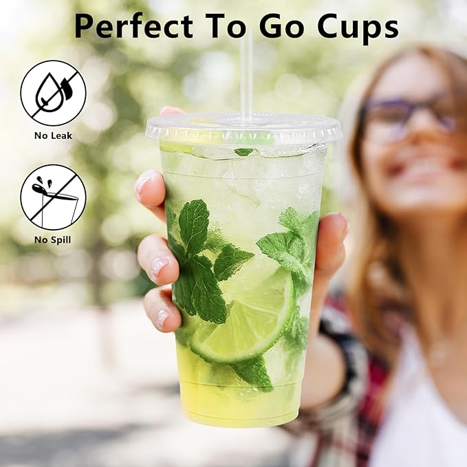 Clawsoff 24 oz 100 Pack Plastic Cups with Lids and Straws, Sturdy Food Safe Iced Clear Coffee Cups Disposable Smoothie Cups for Cold Drinks