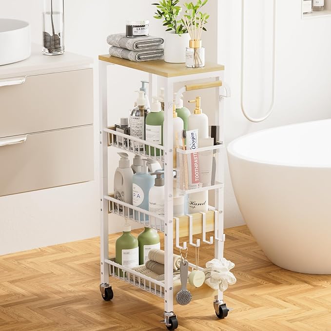 Slim Bathroom Storage Cart, 4 Tier Small Rolling Organizer Cabinet with Wood Top Handle, Mobile Shelving Unit Slide Out for Office, Kitchen, Laundry Room & Narrow Places (9.1" Overall Width)