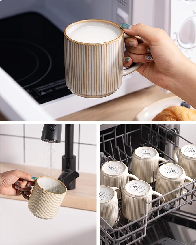 famiware Coffee Mug Set for 8, Star 12 oz Catering Mugs Cup Set with Handle for Coffee, Tea, Cocoa, Milk - Ceramic Stoneware Drinkware Set, Cappuccino White