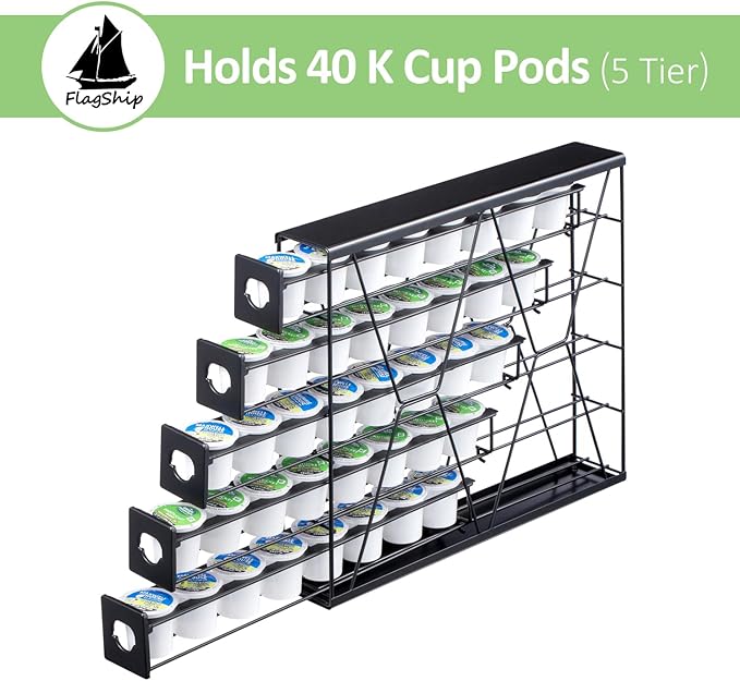 FlagShip 5-Tier Corner Coffee Pod Organizer for K Cup - 40 Capsules Metal Storage, Space-Saving Kitchen Countertop Rack Wall Mountable