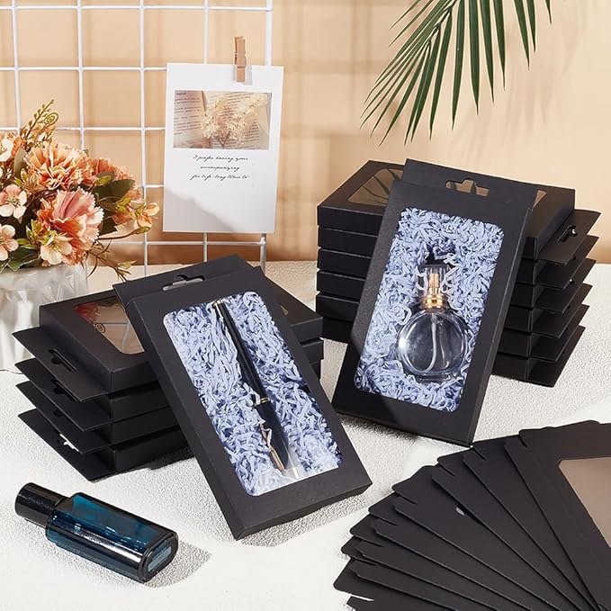 BENECREAT 20 Pack Kraft Paper Boxes with Clear Window 7.5x4x1inch Black Gift Packaging Boxes for Bakery Cookies Cake Candy Wedding Party Favors