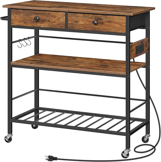HOOBRO Kitchen Island with Storage, Rolling Island Cart for Kitchen with 2 Drawers & Outlet, 3 Tier Coffee Station and Microwave Stand, Kitchen Island Table for Home, Rustic Brown BF08UZD01