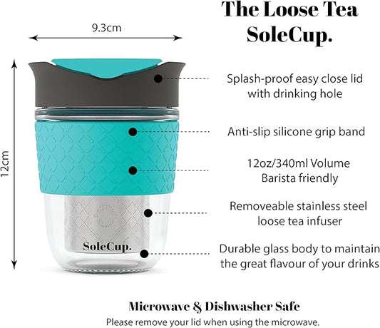 Travel Mug Loose Tea Infuser - Detachable Tea Strainer with Spillproof Lid - BPA-Free Reusable Glass Travel Coffee Cup with Silicone Band (Gray and Blue, 12oz)