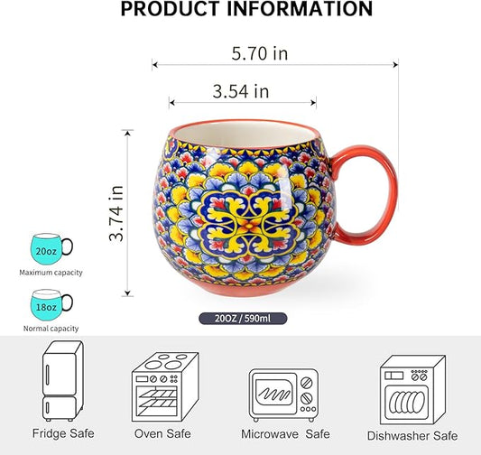 HENXFEN LEAD Boho Ceramic Coffee Mugs Set of 6 – 20 oz Large Porcelain Cups for Latte, Cappuccino, Tea, Cocoa & Soup – Microwave & Dishwasher Safe