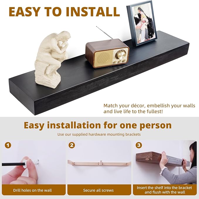 Floating Shelves 3 inch Thick for Wall Set of 2,Solid Pine Wood Wall Mount Shelf for Kitchen Living Room Bedroom Bathroom,8" D x 24" L x 3" H-Black
