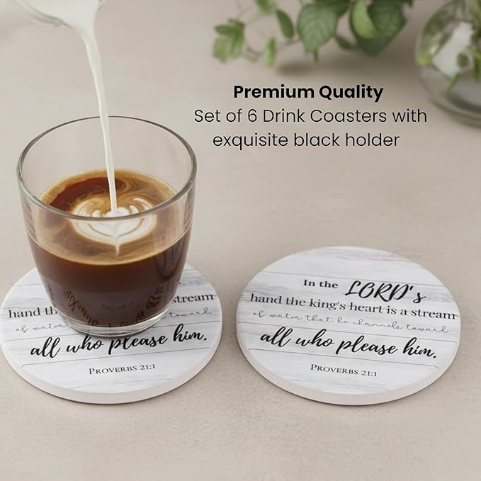 Christian Coasters Set of 6 with Holder– Ceramic Absorbent Drink Coasters for Coffee Table Desk, Modern Cute Moisture Absorbing Coasters, Christian Gifts Alternative to Cork, Silicone or Glass Coaster