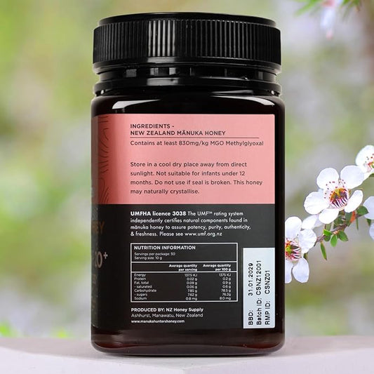Manuka Hunters UMF 20+/MGO 830+ Certified New Zealand Manuka Honey - 100% Pure Natural Sweetener - Gluten, Dairy Free - Ideal for Tea, Coffee, Smoothies, and Baking - Sustainable - 1.1lb/500g Jar
