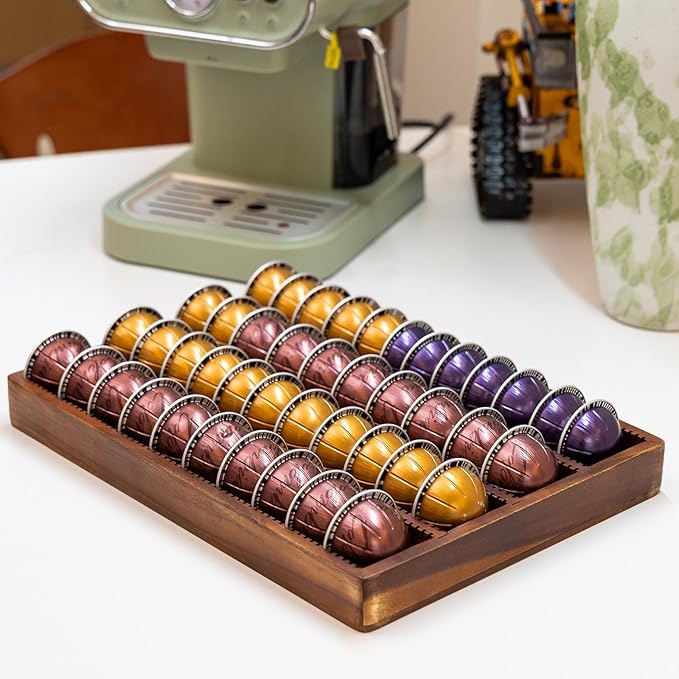 Acacia Wood Coffee Pod Holder Tray Compatible with Nespresso Vertuo, Pods Organizer Drawer Insert, Storage, Stand, Container, Capsule Holder for Coffee Bar Countertop, 40 Big or 60 Small Pods Capacity