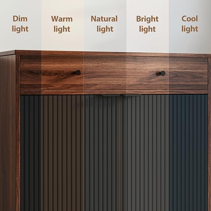 Mericonia Farmhouse Buffet Sideboard Cabinet with Storage, Fluted Coffee Bar with Doors and Adjustable Shelves, Modern Wood Cabinet for Kitchen, Livingroom (Fluted 2 Door, Walnut & Black)