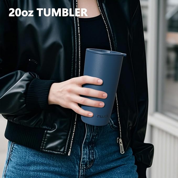 TILUCK 20 oz Tumbler with Lid, Vacuum Insulated Stainless Steel Coffee Mug, Double-Walled Travel Tumbler for Hot and Cold Drinks(DarkBlue, 20oz)