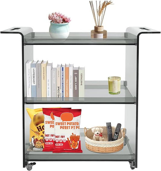 Rolling Serving Cart 3-Tier Small Bar Cart with Lockable Casters Storage Rolling Trolley 66lbs Capacity Mobile Kitchen Trolley for Home, Kitchen, Cafe (28 * 11.8 * 28.7in, Smoke Gray)