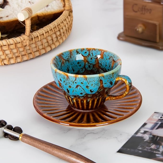 YINUOWEI 2 oz Espresso Cups Set of 2, Ceramic Cappuccino Cups with Saucers, Durable Porcelain Tea Set & Modern Coffee Cup Collection, Coffee Lover Gifts, Glazed Blue