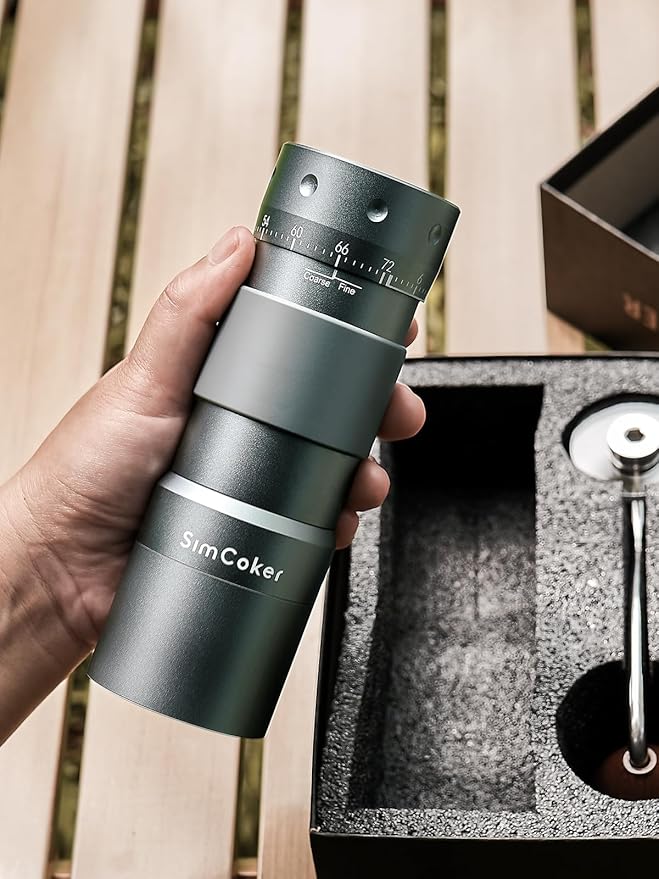 SimCoker Manual Coffee Grinder, 16μm/Click, Espresso Grinder with CNC Stainless Steel Conical Burr, Numerical External Adjustable Setting, Aluminium Body, Compatible with Drill, Grey